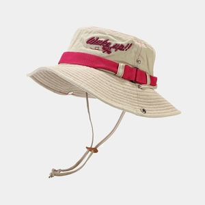 Chapeau de pêcheur beige avec broderie libellule rose et cordon coupe-vent ajustable