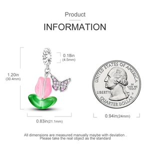 Tulip flower and butterfly charm size guide with pink enamel and 25 cent coin comparison