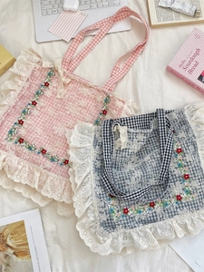 Floral embroidery plaid canvas tote bag with lace trim in pink and blue grey