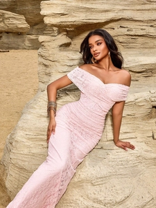 Elegant off-shoulder pink lace maxi dress with ruched details for evening banquet wear