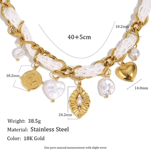 Bohemian 18K gold-plated stainless steel necklace with white lace and mixed pendants