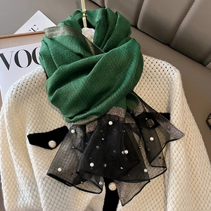 Elegant emerald green silk scarf with pearl embellishments and black mesh detail