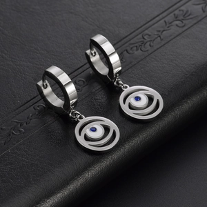 Silver geometric hoop earrings with evil eye heart charm and blue crystal stone inlay
