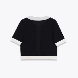 Slim fit black short sleeve knitted top with contrast white piping detail on the back