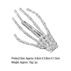 Pince à cheveux main de squelette en métal argenté avec strass brillants, 6.8cm