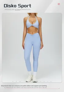 Close-up of light blue yoga set featuring twist-front sports bra and V-cross high waist leggings