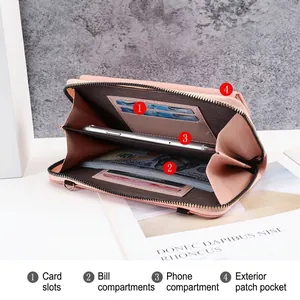 Pink crossbody phone wallet showing internal slots for cards, cash and smartphone storage