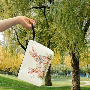 Cosmetic Bag Linen Easter Bunny Egg Printed Makeup Pouch Zipper Closure Portable Travel Toiletry Organizer For Women Girls