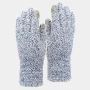 Close-up of light blue knitted touch screen gloves with grey conductive fingertips