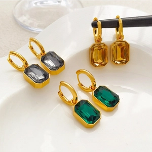 Orecchini A Cerchio Con Pendente In Acciaio Inossidabile Placcato Oro Per Donna Rettangolo Geometrico Zircone Cristallo Elegante