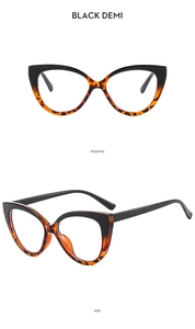 Cat-eye glasses frame in black demi finish shown from positive and side view perspectives