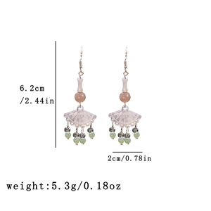 Detail view of retro beaded tassel earrings with size measurement 6.2cm long and 2cm wide