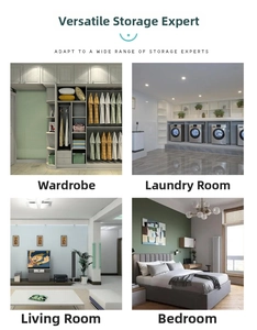 Versatile storage bins shown in wardrobe, laundry room, living room and bedroom settings
