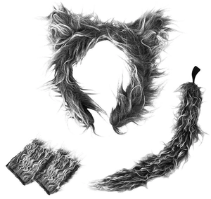 Detailed view of grey faux fur wolf ears headband, tail and wristbands cosplay set