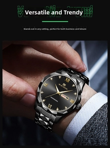 Detail of a black stainless steel watch featuring a diamond-cut bezel and day-date display