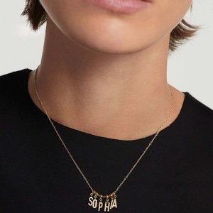 Gold-plated S925 silver necklace with SOPHIA diamond-encrusted letter charms on model
