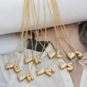 Golden heart balloon alphabet necklace with sparkling zircons and O-chain links