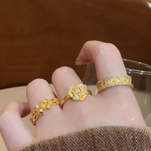 24K gold plated flower ring set for women with zircons and rose gold accents