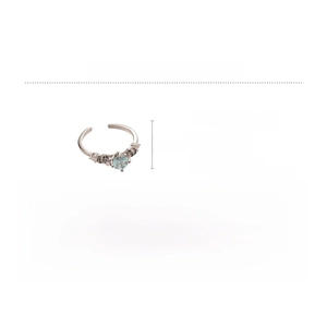 Detail view of flower ring with blue zircon inlay and twisted leaf design on silver band