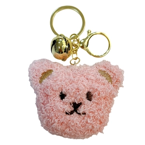 Cute pink plush bear head keychain with gold bell and lobster clasp