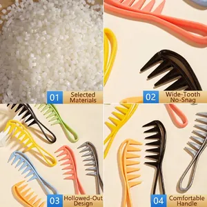 Colorful wide-tooth hair comb set with hollow handle design for long curly hair