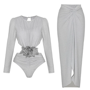 Metallic silver one-piece swimsuit with handmade flower and split sarong skirt set