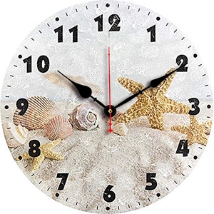 Silent vintage wooden wall clock with beach starfish and seashell pattern design