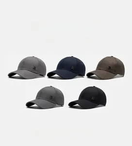 Detailed view of casual baseball caps set in five colors with metallic R logo