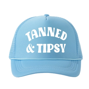 Sky blue trucker hat with TANNED & TIPSY print and breathable mesh back for outdoor sun protection
