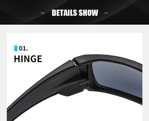 Detailed close-up of the durable matte black hinge structure on sport sunglasses