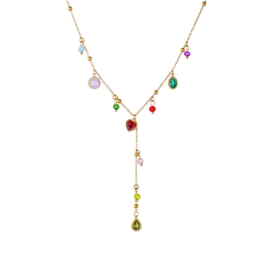 Chic Y-shaped gold plated stainless steel necklace with colorful geometric crystal charms
