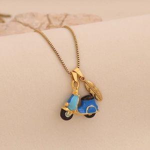 Detail of gold box chain with blue enamel motorcycle pendant and textured feather charm