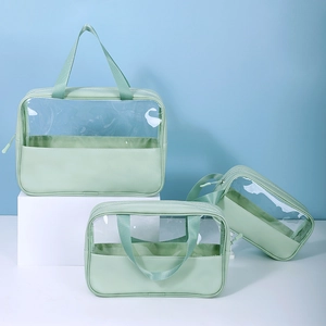 Three-piece light green waterproof PVC toiletry bags set in large, medium, and small sizes