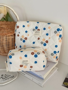 Quilted corduroy floral cosmetic and laptop bag set with blue flower patterns