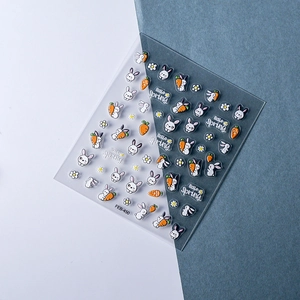 3D relief nail stickers featuring cute cartoon rabbits, carrots and spring flowers