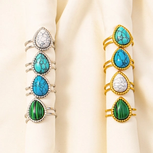 Vintage Stainless Steel Adjustable Open Ring For Women Men Geometric Teardrop Imitation Turquoise Inlaid Niche Design Finger Jewelry