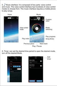 Smartphone app interface for LED star lights showing voice control and timer settings