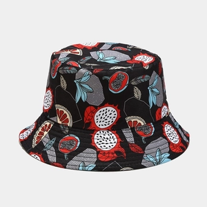 Detail of multi-color fruit pattern print and stitched brim on black cotton bucket hat