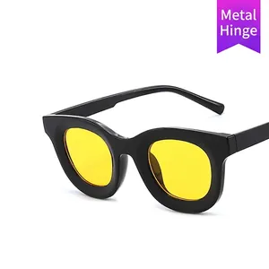 Retro thick frame sunglasses with yellow lenses and durable metal hinges for women