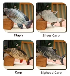 Detailed four-grid view showing realistic fish plush pillow styles in a home setting