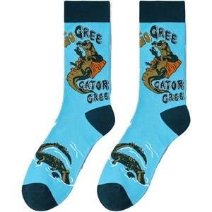 Detail of blue cotton socks featuring creative cartoon crocodile patterns and knit textures