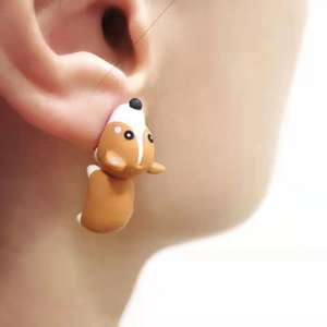 Cute 3D cartoon Corgi dog stud earring in brown and white finish for casual wear