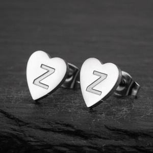 Pair of silver heart-shaped stainless steel stud earrings with letter Z engraving