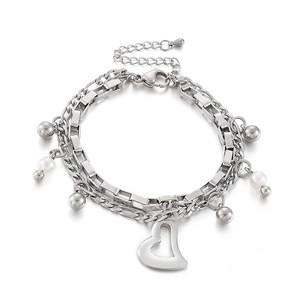 Bracelet double couche en acier inoxydable avec pendentif cœur et perles argentées