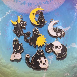 Black Cat Charms Enamel Alloy Pendants Moon Sun Skeleton Gothic DIY Earring Necklace Jewelry Making Accessories Halloween