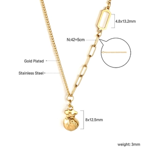 Macro view of gold plated stainless steel necklace with money bag pendant and measurements
