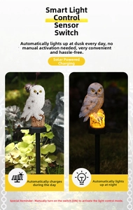 Solar owl garden light showing daylight appearance and warm nighttime glow effect