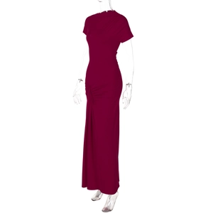 Detail view of the wine red short sleeve midi dress featuring elegant waist ruched pleats