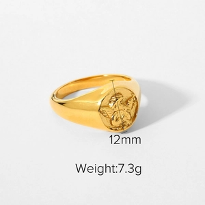 Detail view of 18K gold stainless steel heart ring with angel relief and 12mm diameter