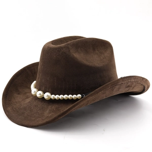 Deep brown suede cowboy hat with vintage pearl band decoration for men and women